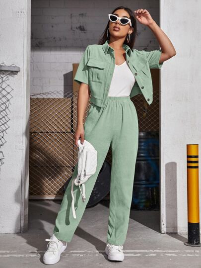 SHEIN Mulvari Corduroy Flap Pocket Blouse & Pants | SHEIN