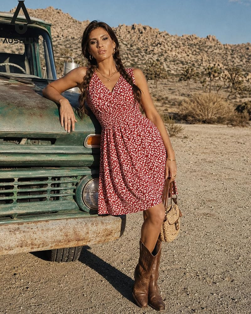 AUSELILY Summer Dresses for Women 2026 V Neck Sleeveless Floral Sundress A-Line Smocked Above Kne... | Amazon (US)