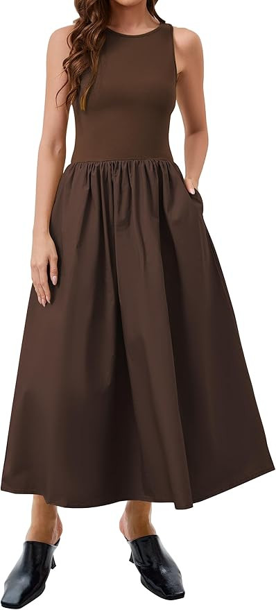 Summer Casual Sleeveless Maxi Dress for Women Patchwork Crewneck Flowy Tank Top Long Dresses with... | Amazon (US)