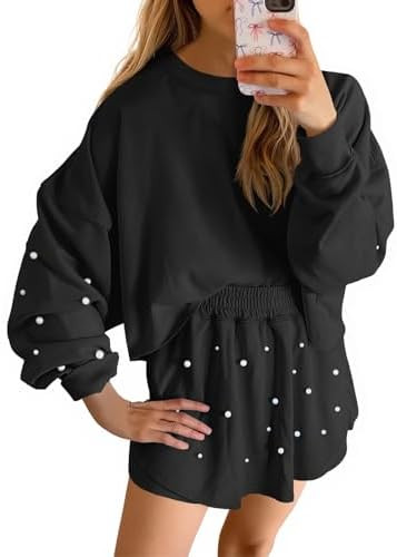Fisoew Womens Lounge Sets 2 Piece Outfits Decor Pearl Long Sleeve Sweatshirt Skort Skirt Tracksui... | Amazon (US)