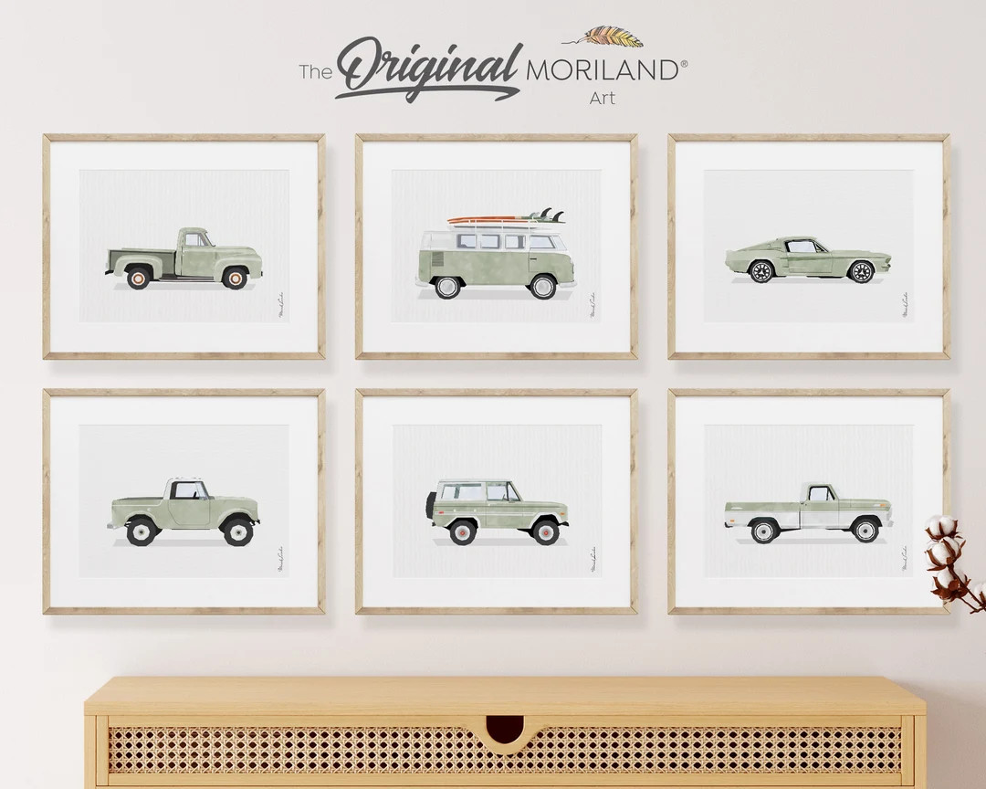 Sage Green Classic Cars Art Prints - Printable Set of 6, Car Poster, Boy Nursery Decor, Car Print... | Etsy (US)