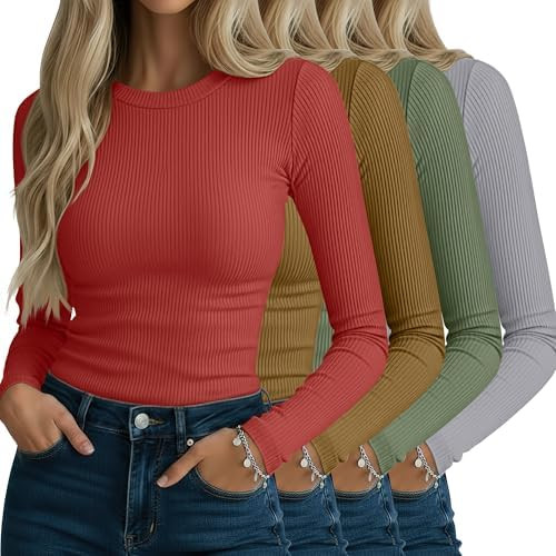 Neer 4 Pack Women's Ribbed Long Sleeve Shirts, Cotton Crew Neck Slim Fit Tops Stretch Knit Casual... | Amazon (US)
