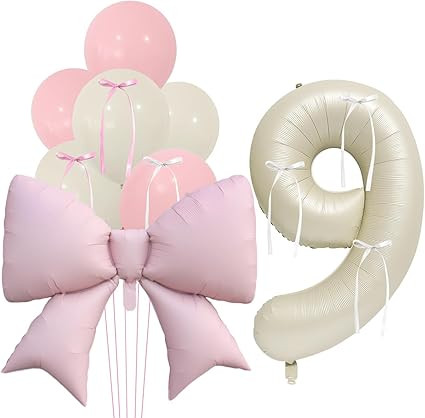Pink Large Bow Balloon, 9 Number Foil Balloons with Silk Bowknot, 39 inches Heart Balloon for Gir... | Amazon (US)