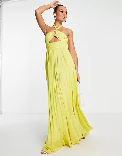 ASOS DESIGN halter channelled pleated mesh maxi dress in lime | ASOS (Global)