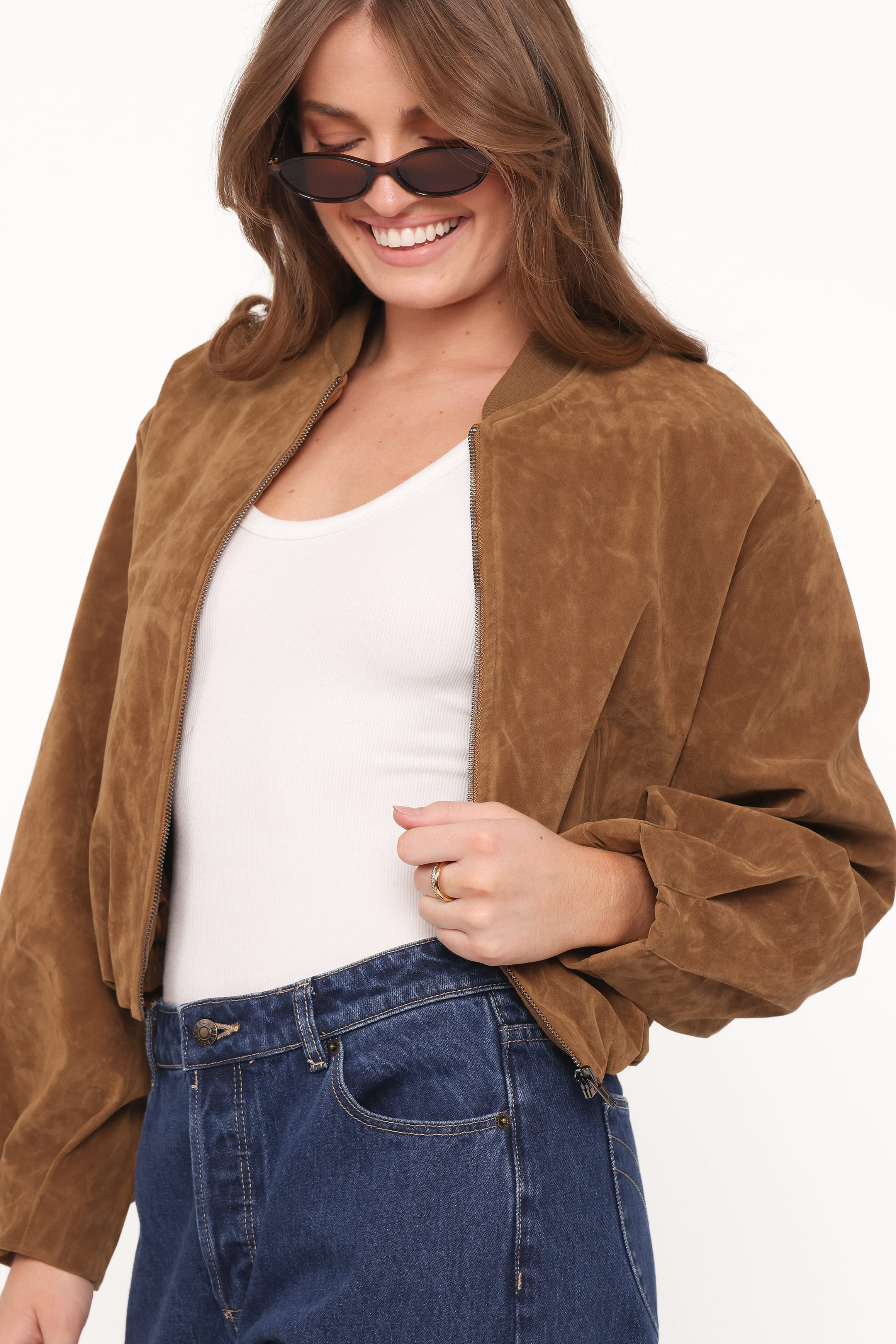 Goldie Faux Suede Bomber Jacket - Camel | Petal & Pup (AU)