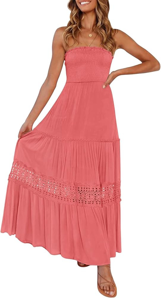 ZESICA Women's 2025 Summer Bohemian Strapless Off Shoulder Lace Trim Backless Flowy A Line Beach ... | Amazon (US)