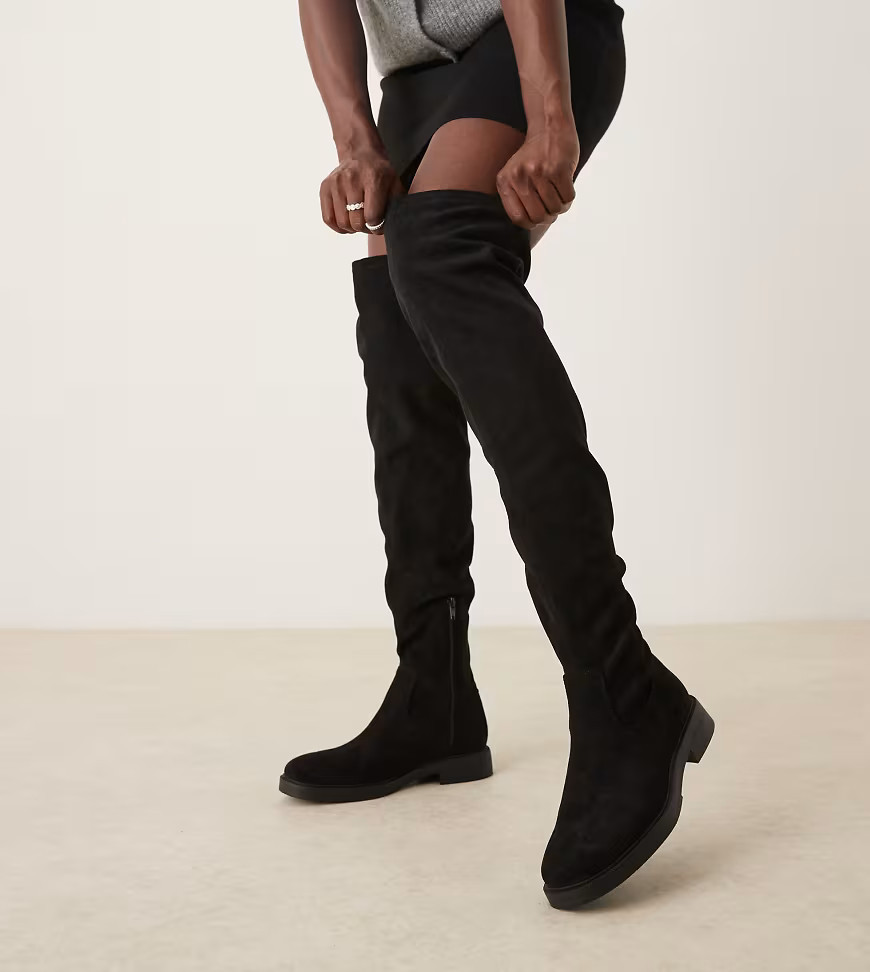 ASOS DESIGN Wide Fit Kacey smart flat over the knee boots in black suedette | ASOS (Global)