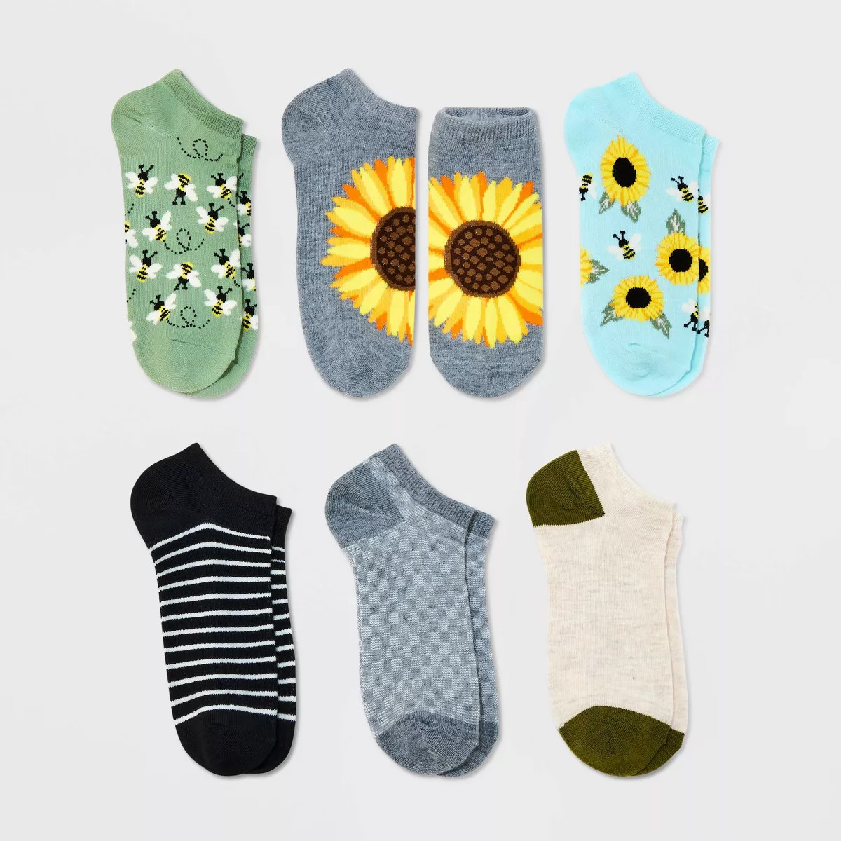 Women's Garden Bees 6pk Low Cut Socks - Olive Green/Black/Heather Gray 4-10: Recycled Polyester, ... | Target