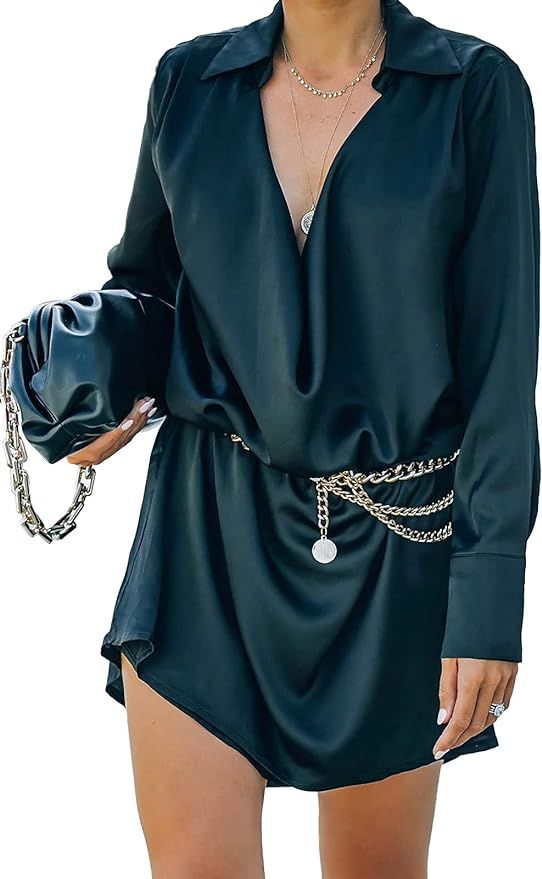 Halfword Satin Shirt Dress for Women Sexy Casual Deep V Neck Long Sleeve Button Down Loose Mini T... | Amazon (US)