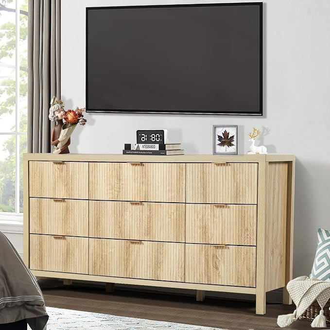 Mid Century Modern Dresser TV Stand, 9 Drawer Dresser for Bedroom Wood, Boho Wooden Storage Cabin... | Amazon (US)