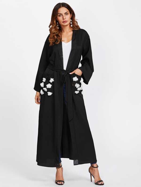 Contrast Flower Applique Pocket Belted Abaya | SHEIN