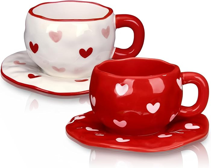 Havawish 2 Pack Valentine's Day Ceramic Coffee Mug with Saucer Set, 12oz Cute Creative Love Heart... | Amazon (US)