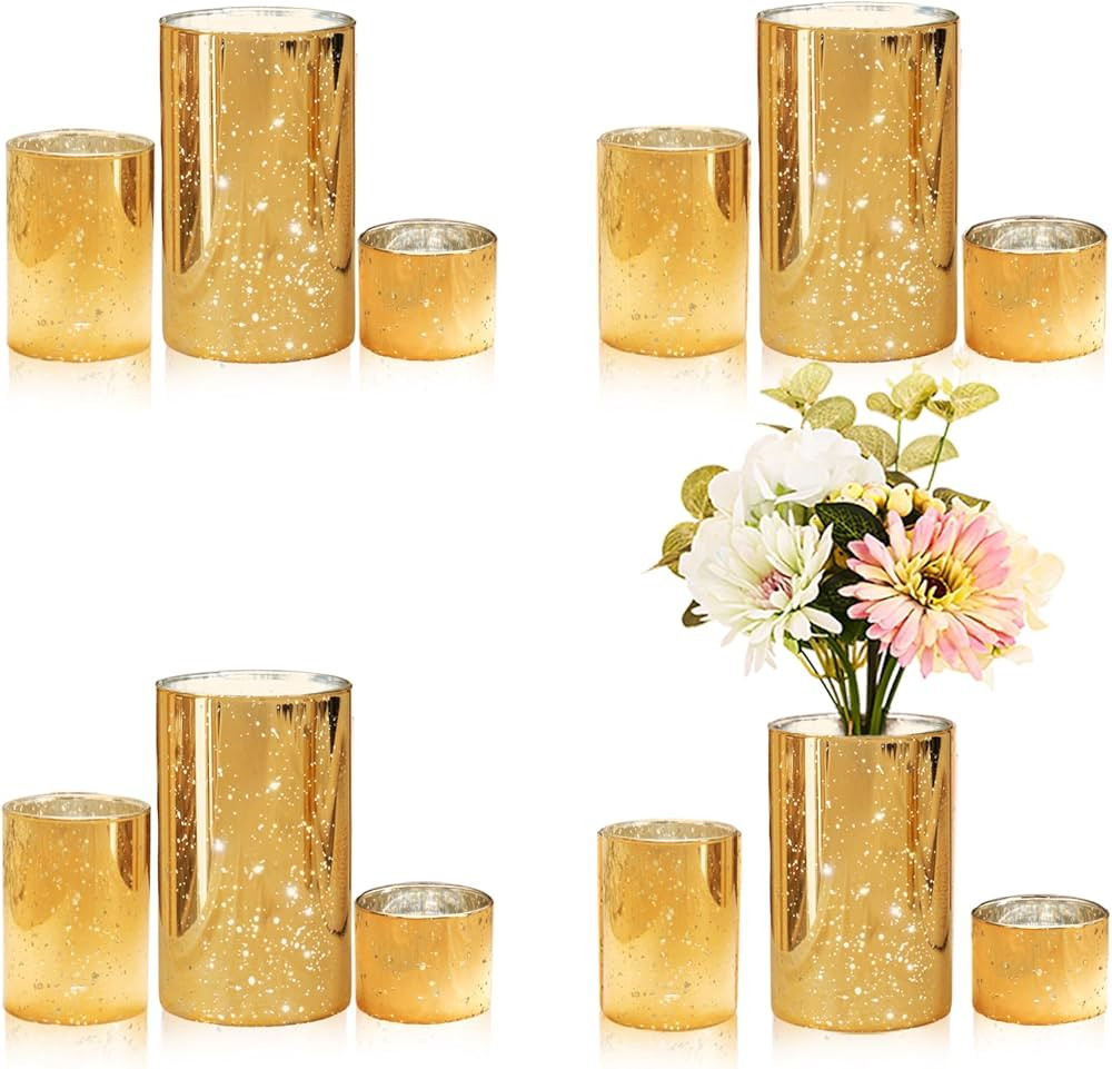 CHILL RECIPE Gold Cylinder Vases Glass Candle Holders Bulk, Mercury Hurricane Candle Holder Small... | Amazon (US)