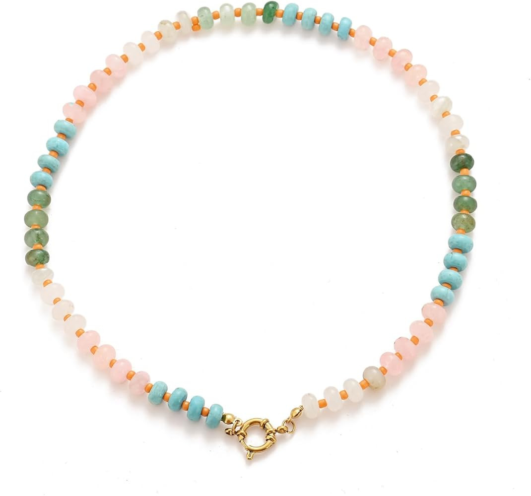 Natural Stone Beaded Necklace for Women Boho Colorful Beads Choker Necklace Rainbow Charm Necklac... | Amazon (US)