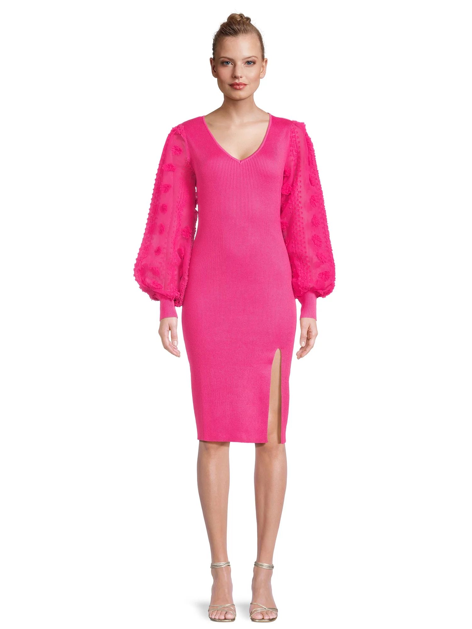 No Boundaries Juniors V-Neck Midi Dress with Long Sleeves, Sizes XS-3XL - Walmart.com | Walmart (US)