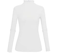 Ribbed White Turtleneck Women Long Sleeve Undershirt for Women Lettuce Trim Top White Small at Amazo | Amazon (US)