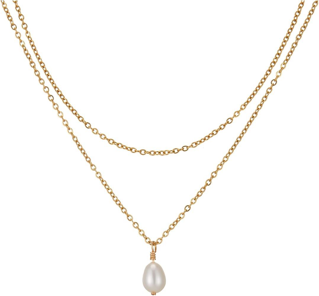 Moonffay Freshwater Single Pearl Pendant Necklace for Women One Pearl Gold Layered Choker Stack N... | Amazon (US)