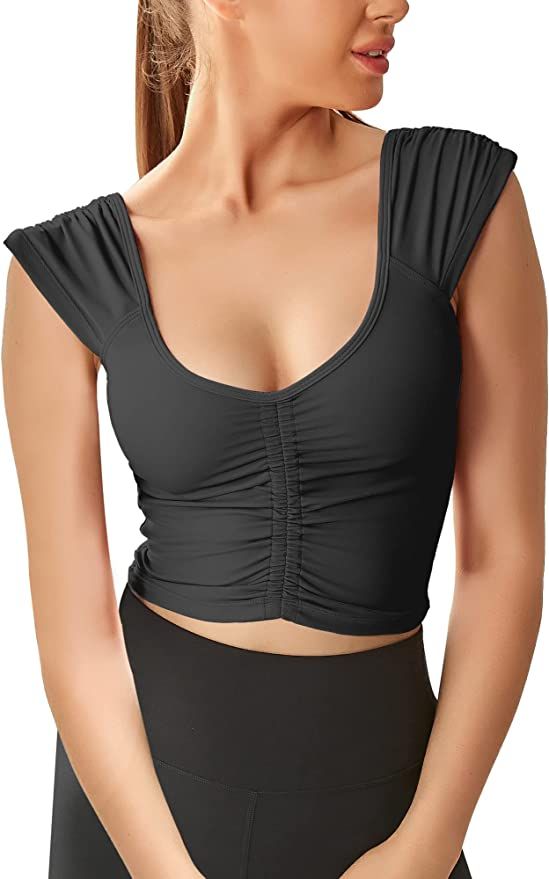 Women Workout Tops Sleeveless Yoga Longline Sports Bra Cutout Short Sleeve Crop Tank Top Gym Runn... | Amazon (US)