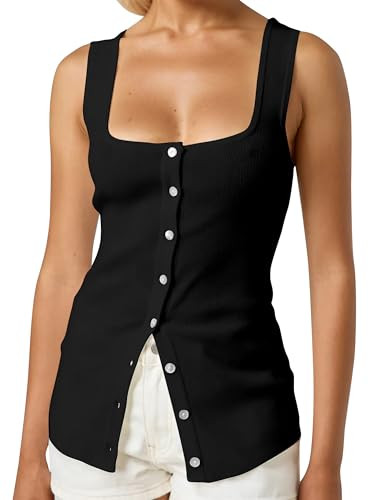 Women Square Neck Button Down Knit Tank Top Button-Up U Neck Sleeveless Backless Solid Slim Sexy ... | Amazon (US)
