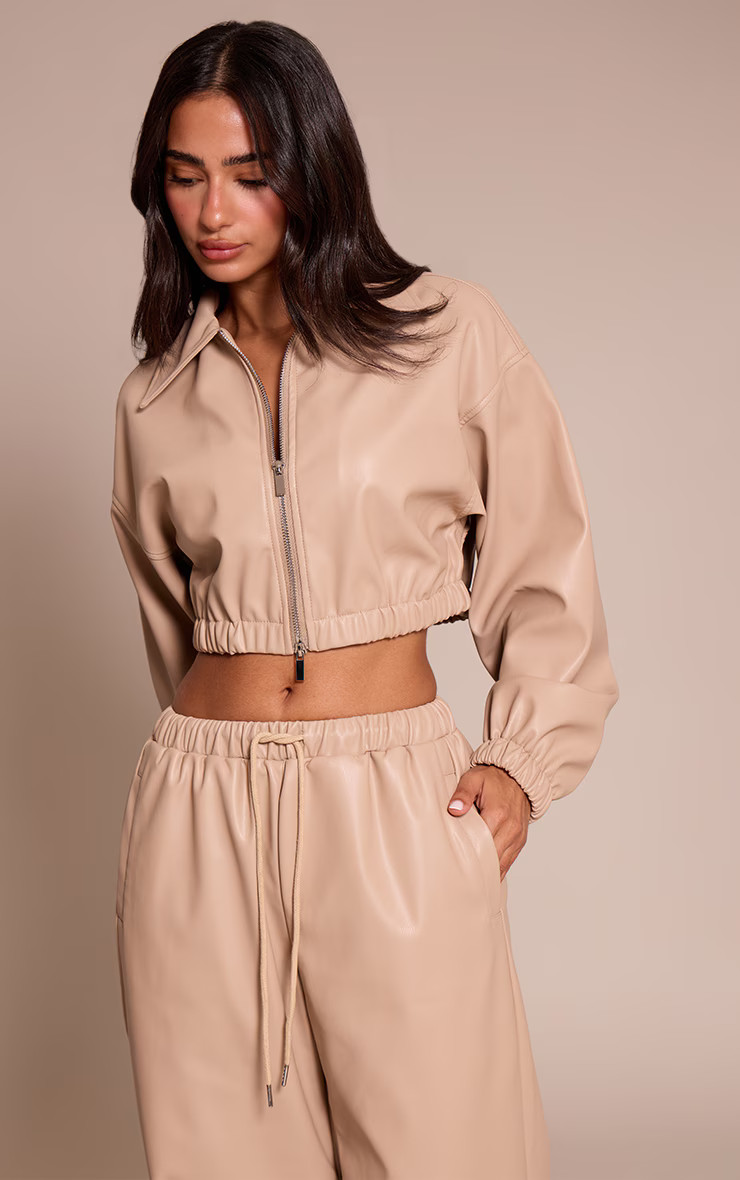 Petite Stone Faux Leather Cropped Zip Up Jacket | PrettyLittleThing UK