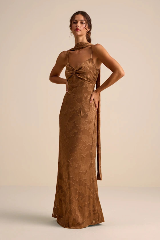 Rashona Light Brown Burnout Sash Scarf Maxi Dress | Lulus