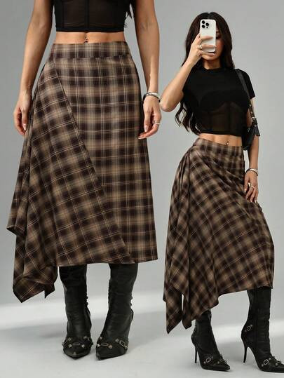 SHEIN PETITE 2026 New Arrive Minimalism Winter Women's Brown Plaid Wrap Asymmetrical Hem Fashionable Versatile Skirt Brown Skirt For Going Out Outfits Elegant Dresses For Ladies Casual Outfit For Women Christmas Party Skirt Clothes For New Year Formal Dresses,Fall,Fall Clothes For Women,Winter Clothes For Women | | SHEIN