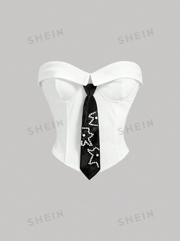 SHEIN MOD Women's Collared Tube Top With Bow Tie Decoration, College Style White Blouse | SHEIN