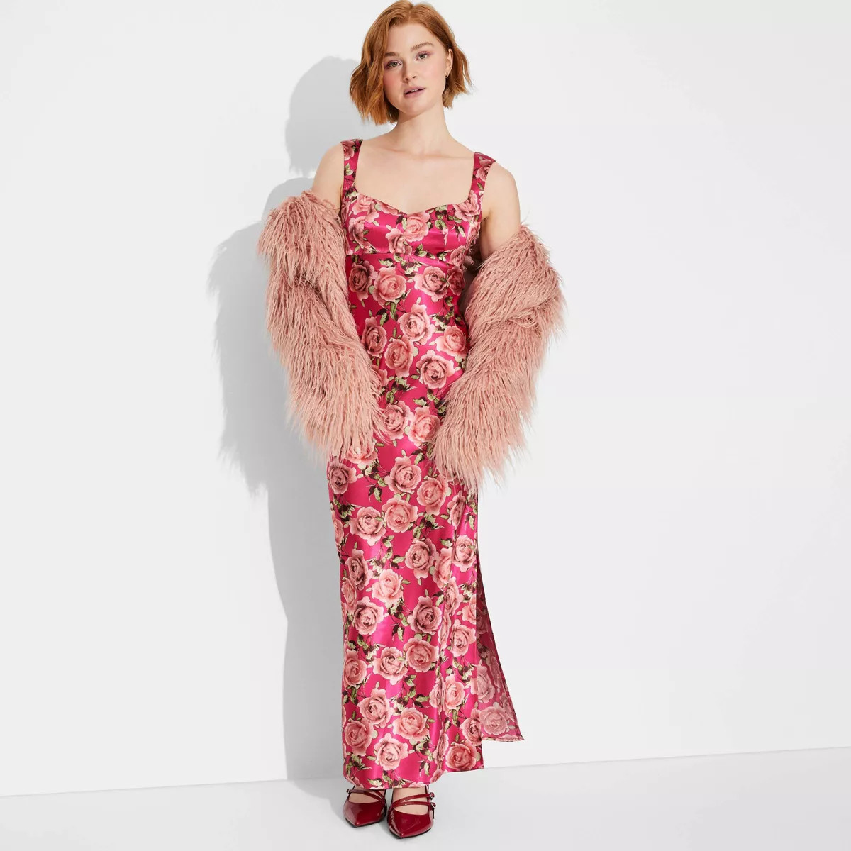 Women's Cap Sleeve Satin Maxi Bodycon Holiday Dress - Wild Fable™ Red Floral XXL | Target