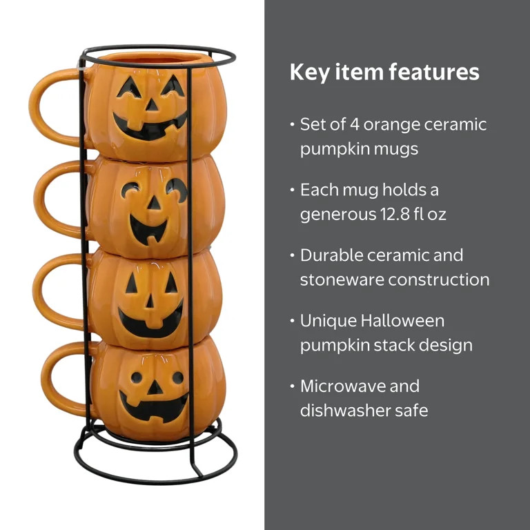 Way To Celebrate Halloween Pumpkin Stack Ceramic Mugs, 4-Pack | Walmart (US)