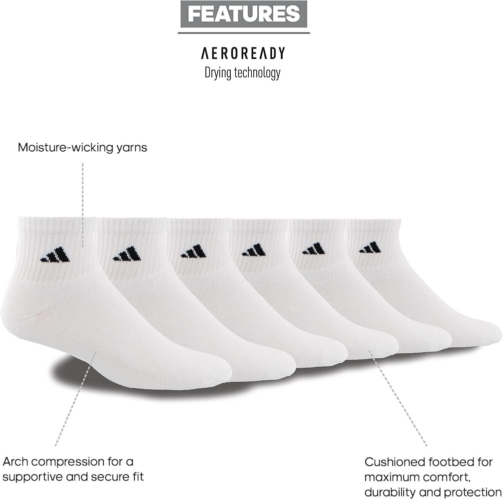 adidas Men's Athletic Cushioned 6-Pack Quarter, Athletic Cushioned Quarter Ankle Socks for Men wi... | Amazon (US)