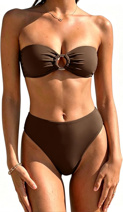 SUUKSESS Women Bandeau O Ring Bikini Sets Tie Back High Waisted 2 Piece Swimsuit | Amazon (US)