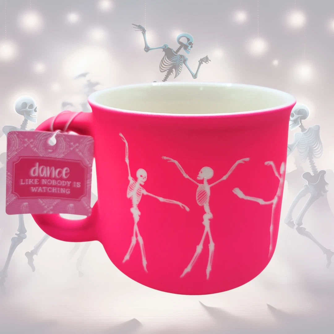 Large Halloween Coffee Mug Hot Pink And Dancing Skeletons Soft Touch New 20oz | eBay US