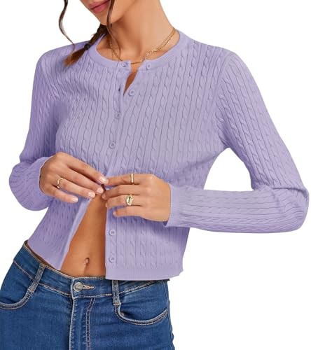 Cropped Cardigan Sweaters for Women Button up Cardigans Short Cable Knit Cute y2k Crop Sweater Lavender Lilac Light Purple S | Amazon (US)