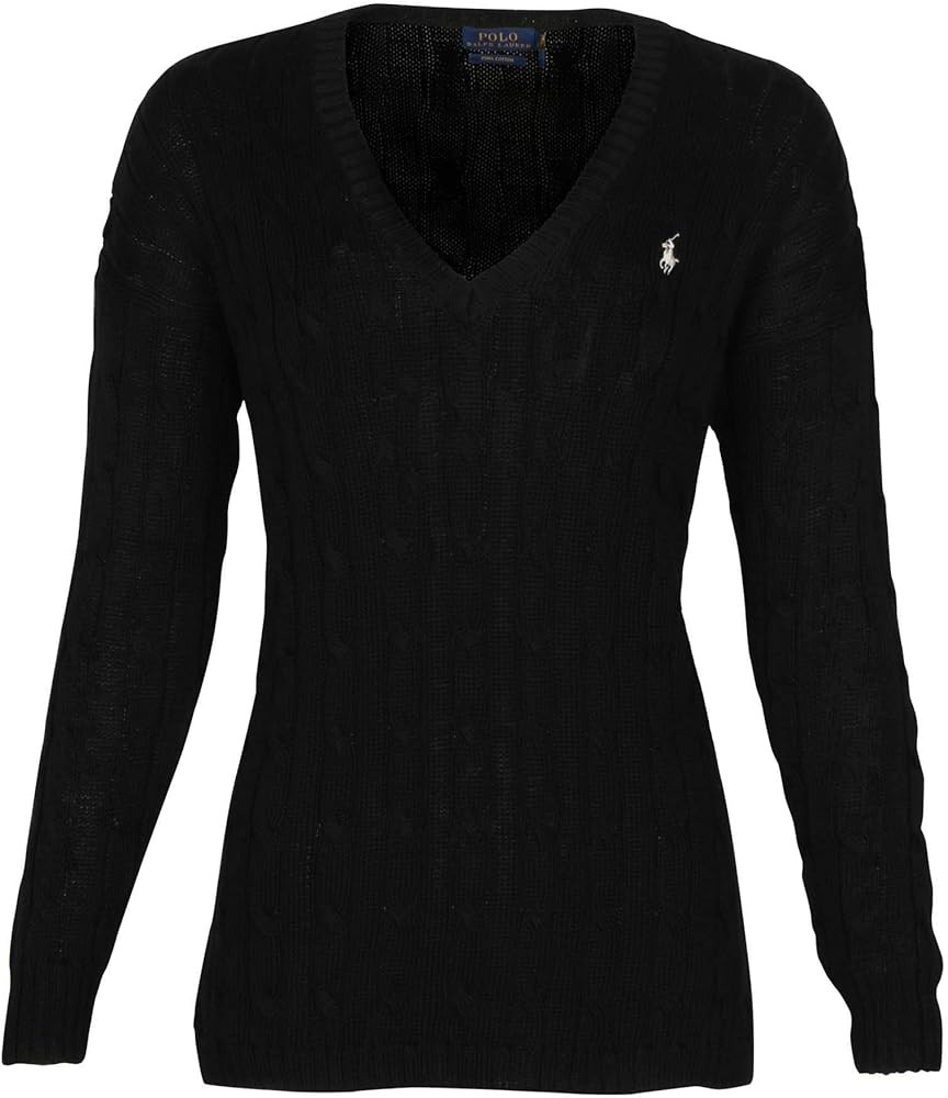 Polo RL Women's Cable Knit V-Neck Pony Sweater-Polo Black-Small | Amazon (US)