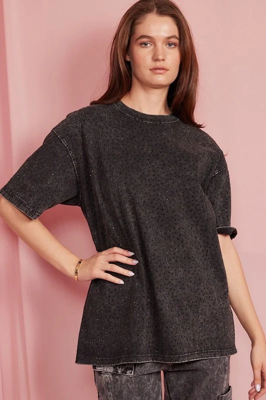 NEW!! "Brooklyn" Acid Wash Rhinestone Tee in Black | Glitzy Bella