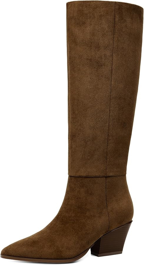 Easyfox Womens Knee High Boots Chunky Low Heel Pointed Toe Tall Long Boots | Amazon (US)