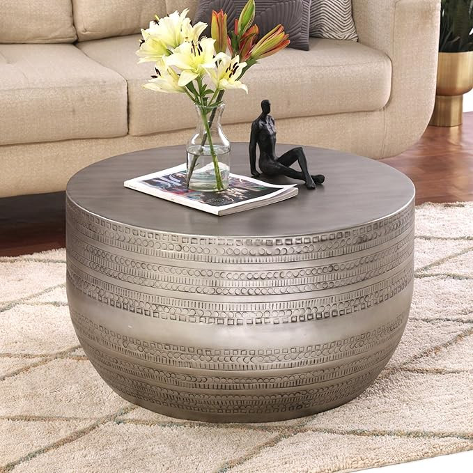 Modern Round Aluminum Hammered Embossed Texturing Metal Drum Coffee Table, Hand-Stamped Iron, Boh... | Amazon (US)