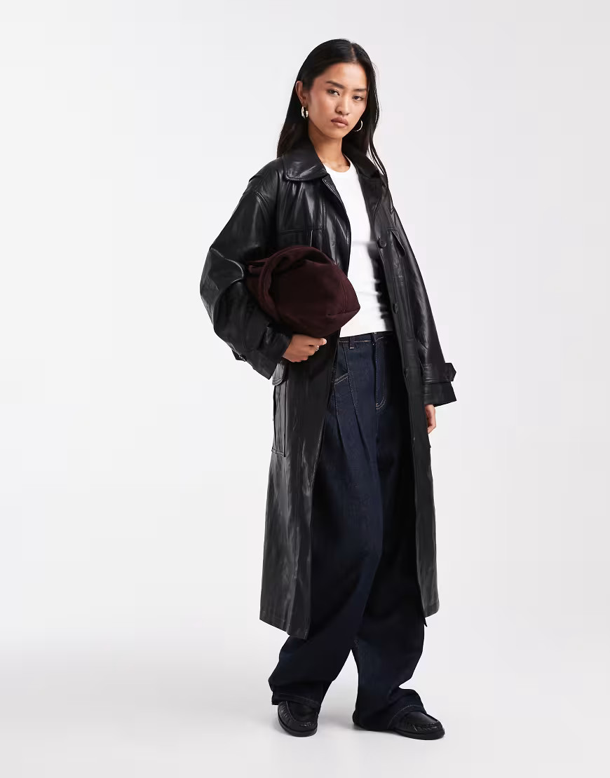 ASOS DESIGN longline leather look trench with contrast pockets in black | ASOS (Global)