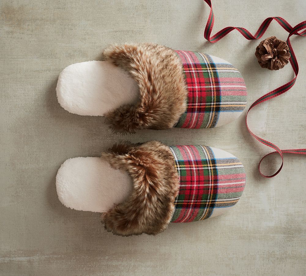 Stewart Plaid Flannel Faux Fur Slippers | Pottery Barn (US)