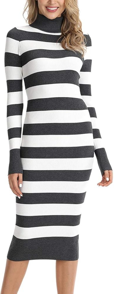 Rocorose Women's Turtleneck Ribbed Elbow Long Sleeve Knit Sweater Dress | Amazon (US)