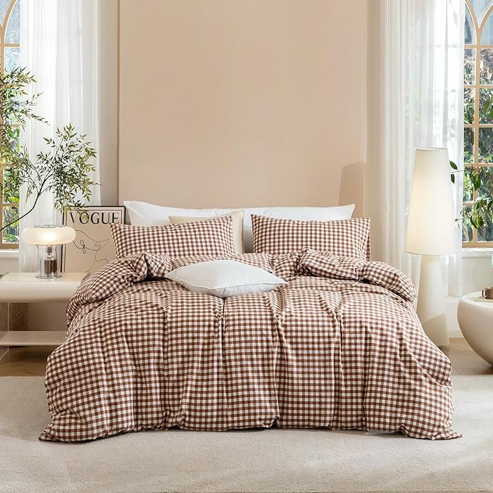 JIYUAN King Size Duvet Cover Set, 3-Piece Classic Gingham - 100% Washed Cotton, Linen-Like Soft &... | Amazon (US)