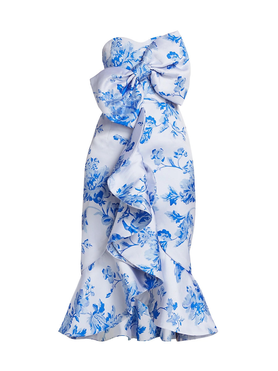 Women's Stephanie Floral Bow Midi-Dress - Porcelain Blue - Size 0 | Saks Fifth Avenue