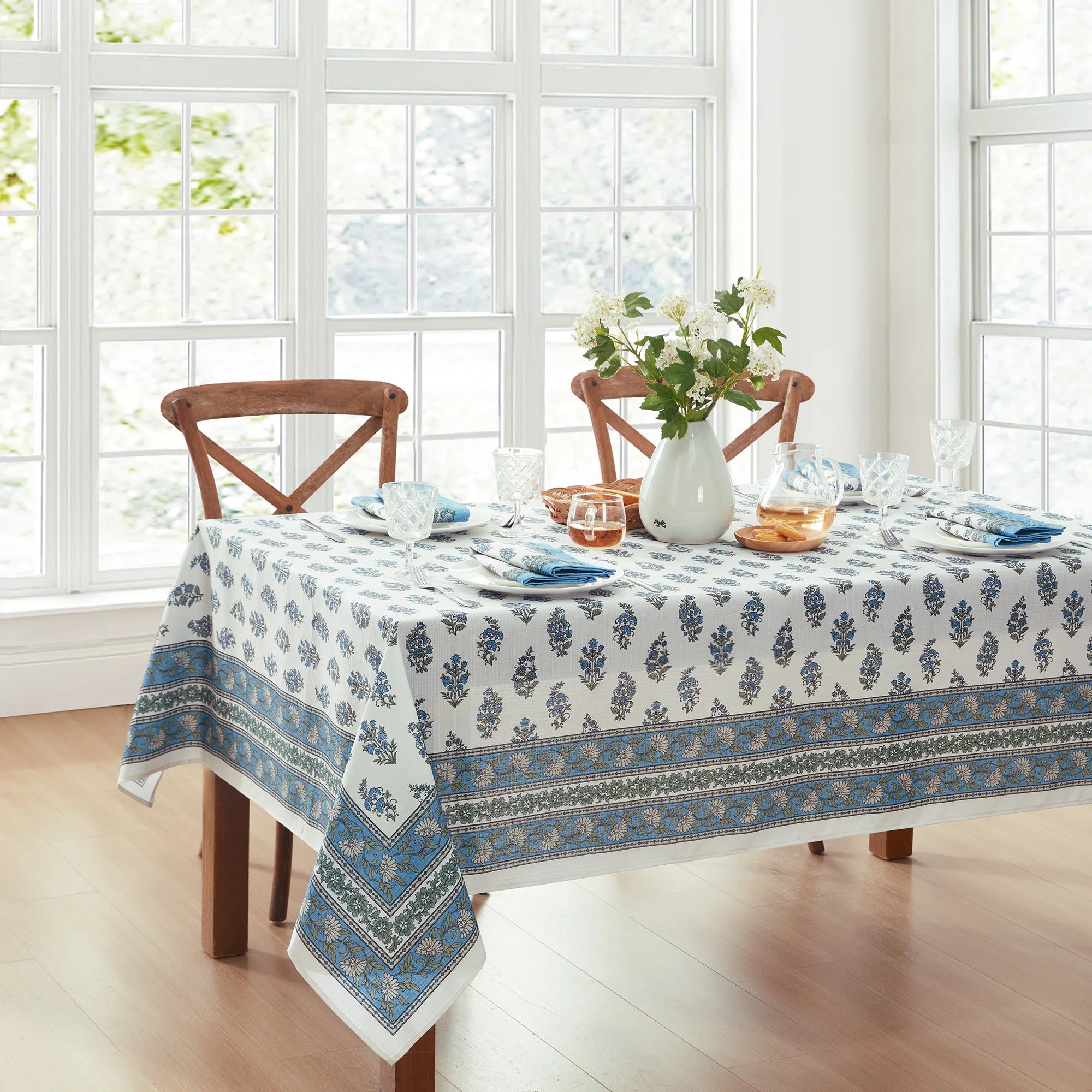 Tropez Block Print Geometric Stain & Water Resistant Polyester Rectangle Tablecloth | Wayfair North America