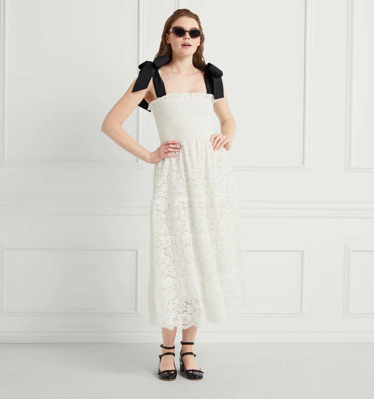 The Lace Ribbon Ellie Nap Dress - White Lace with Black Ribbon | Hill House Home