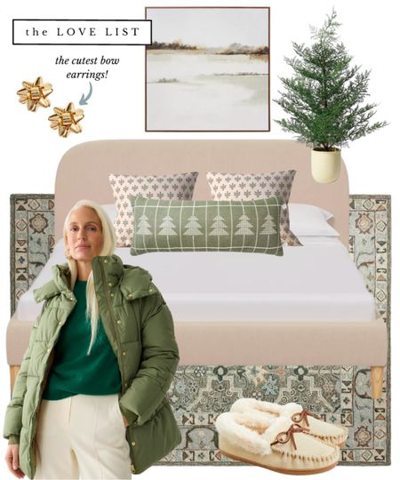 Create a cozy bedroom in shades of linen, cream, and soft green. A curvy linen platform bed and had tufted wool green area rug anchor the space. Framed winter canvas art, faux pine tree, block print pillows bring texture to the space. Keep warm in a celadon green puffer coat or faux fur lined slippers with rubber soles 

#LTKHoliday #LTKSeasonal #LTKhome