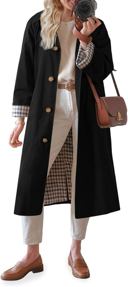 Tankaneo Womens Long Trench Coat Single Breasted Oversized Windproof Overcoat Fashion Outerwear | Amazon (US)