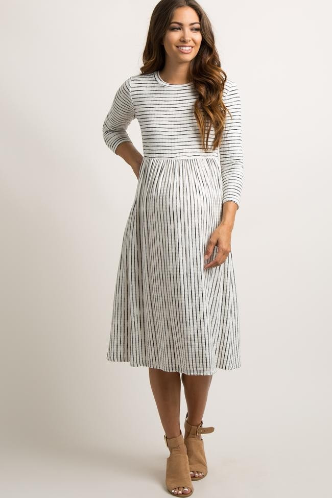 Ivory Ribbed Striped Maternity Midi Dress | PinkBlush Maternity