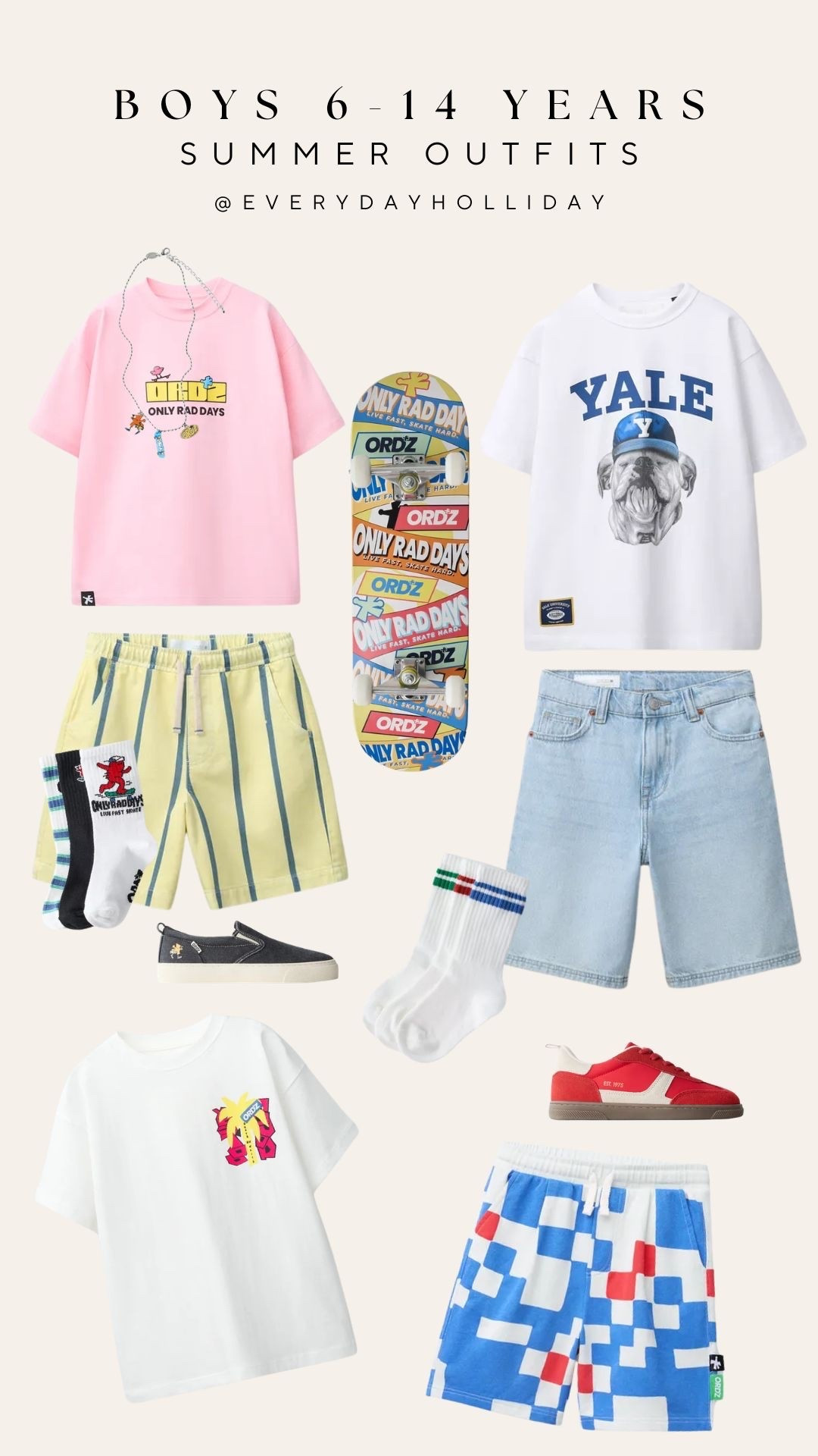 Zara big kid boy summer outfits for ages 6-14 and every single piece is so cool — Only Rad Days graphics, a Yale bulldog tee, yellow stripe shorts, denim shorts, checkered shorts, and the best sneakers. All Zara, all linked!

#LTKootd #LTKKids #LTKmomlife