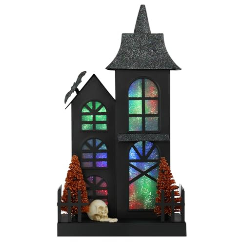 Halloween Haunted House Decorations Black Spooky Haunted Mansion Halloween Decorations with Color Changing Lights Handcrafted Skull Bat and Trees for Festival Party Table Decorations (Skull) | Amazon (US)