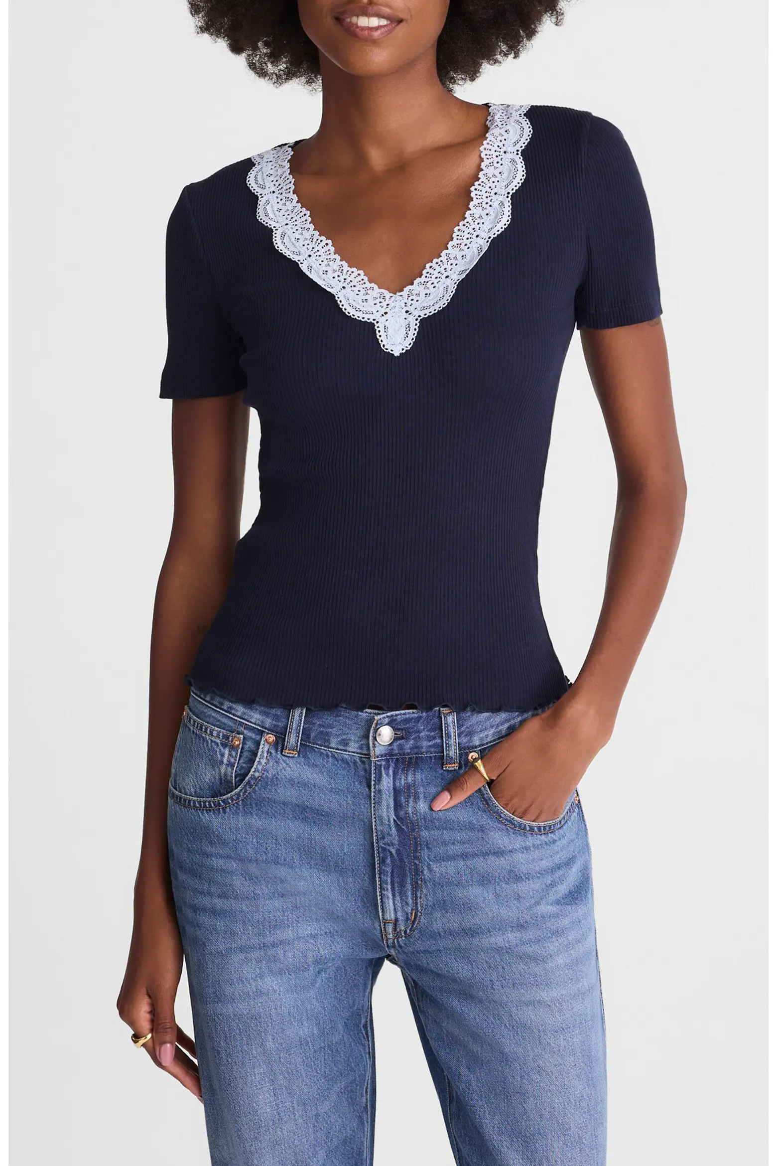 Lace Trim V-Neck Rib Top (Women) | Nordstrom | Nordstrom